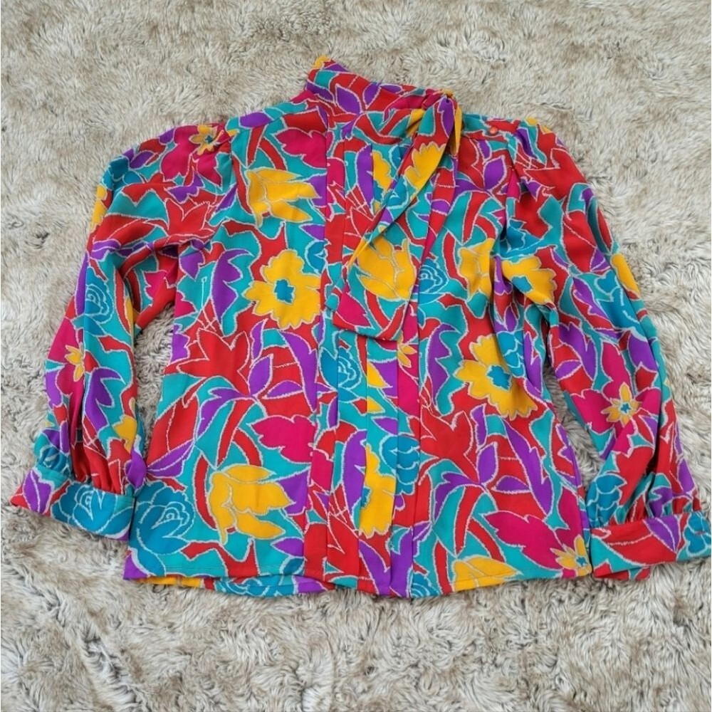 Laura and Jayne Vintage Tie Neck Long Sleeve Blouse Colorful Bright Size 14